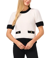 CeCe Wool Blend Knit Jersey Contrast Trim Crew Neck Short Sleeve Welt Front Pullover Sweater