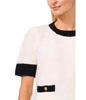 CeCe Wool Blend Knit Jersey Contrast Trim Crew Neck Short Sleeve Welt Front Pullover Sweater