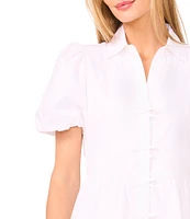CeCe Woven Collared Neckline Short Bubble Sleeve Bow Tiered Midi Dress