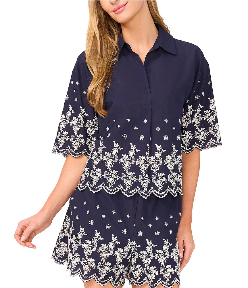 CeCe Woven Collared V-Neck Short Sleeve Floral Embroidered Button Down Shirt
