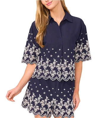 CeCe Woven Collared V-Neck Short Sleeve Floral Embroidered Button Down Shirt