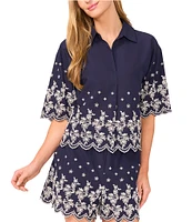 CeCe Woven Collared V-Neck Short Sleeve Floral Embroidered Button Down Shirt