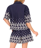 CeCe Woven Collared V-Neck Short Sleeve Floral Embroidered Button Down Shirt