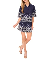 CeCe Woven Collared V-Neck Short Sleeve Floral Embroidered Button Down Shirt