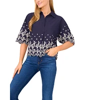 CeCe Woven Collared V-Neck Short Sleeve Floral Embroidered Button Down Shirt