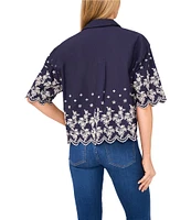 CeCe Woven Collared V-Neck Short Sleeve Floral Embroidered Button Down Shirt