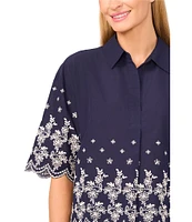 CeCe Woven Collared V-Neck Short Sleeve Floral Embroidered Button Down Shirt