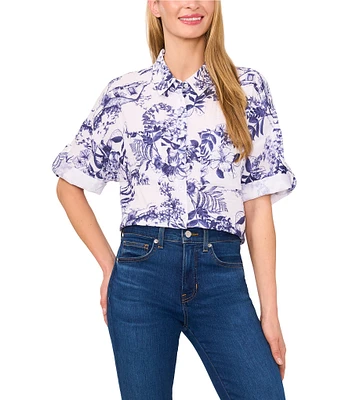 CeCe Woven Floral Print Collared Button Down Coordinating Top