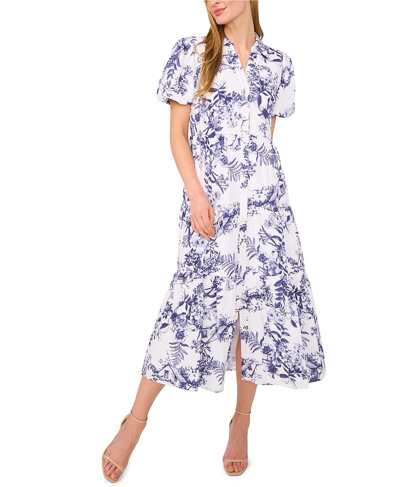 CeCe Woven Floral Print Collared Short Puff Sleeve Midi Shirt Dress
