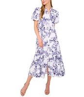 CeCe Woven Floral Print Collared Short Puff Sleeve Midi Shirt Dress