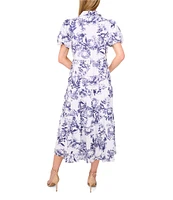 CeCe Woven Floral Print Collared Short Puff Sleeve Midi Shirt Dress