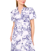 CeCe Woven Floral Print Collared Short Puff Sleeve Midi Shirt Dress