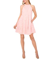 CeCe Woven Floral Print Halter Neck Sleeveless Tie Neck Mini Tiered Dress