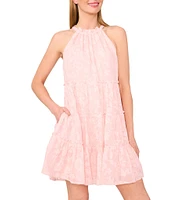 CeCe Woven Floral Print Halter Neck Sleeveless Tie Neck Mini Tiered Dress