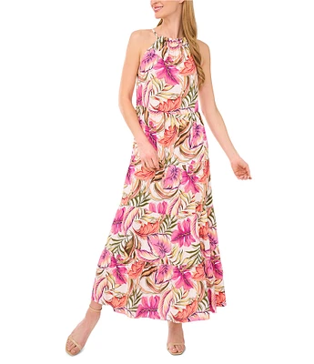 CeCe Woven Floral Print Halter Neckline Maxi A-Line Dress