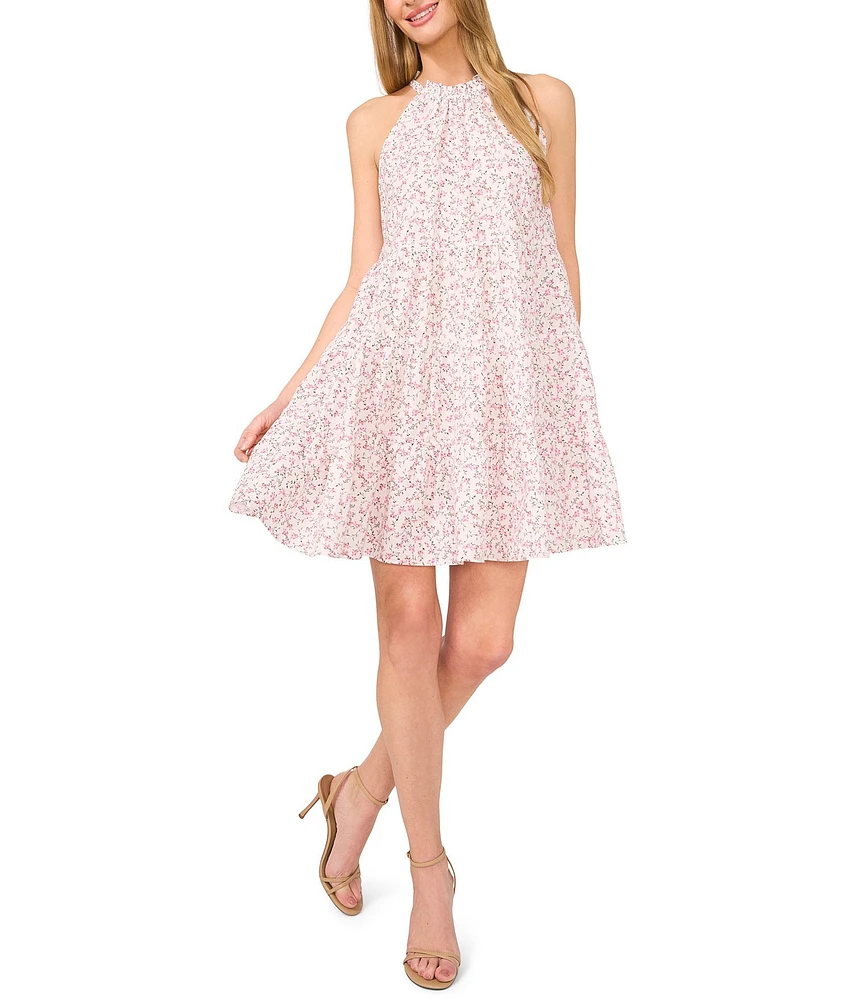 CeCe Woven Floral Print Halter Sleeveless Tiered Shift Dress
