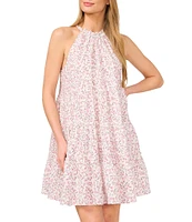 CeCe Woven Floral Print Halter Sleeveless Tiered Shift Dress