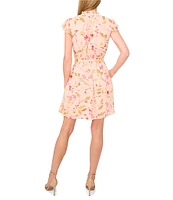 CeCe Woven Floral Print Split Round Neck Flutter Sleeve Tie Front Mini Dress