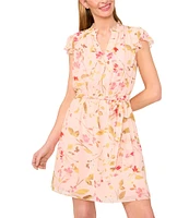 CeCe Woven Floral Print Split Round Neck Flutter Sleeve Tie Front Mini Dress