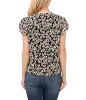 CeCe Woven Floral Print Split Round Neck Short Sleeve Blouse