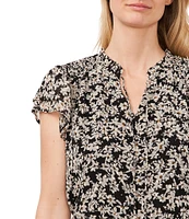 CeCe Woven Floral Print Split Round Neck Short Sleeve Blouse