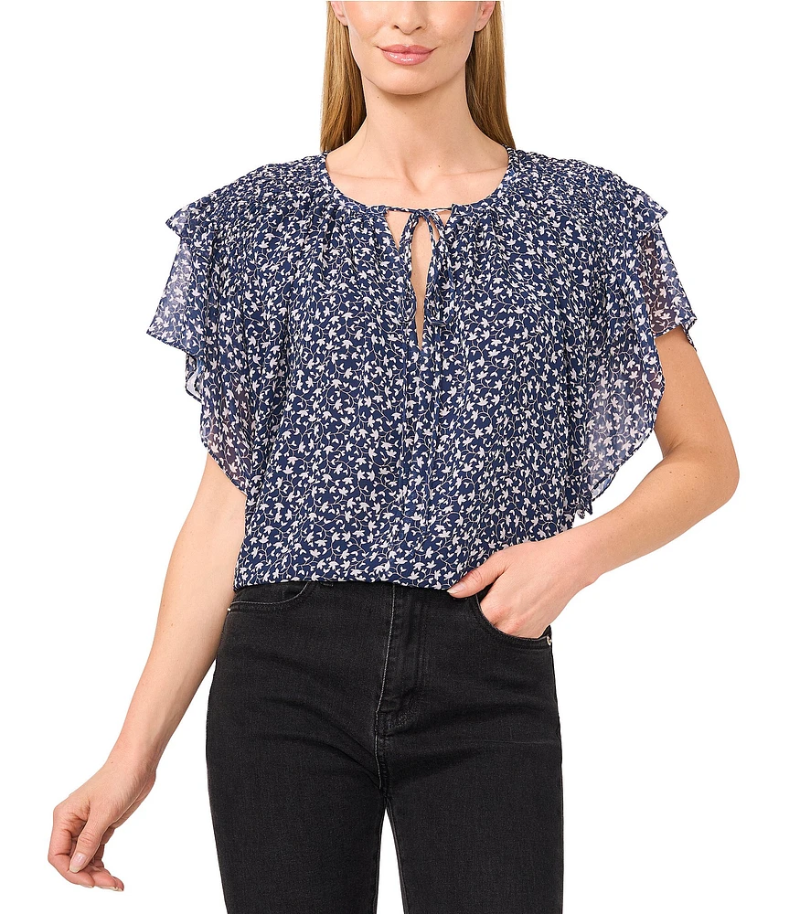 CeCe Woven Floral Print Split Round Tie Neck Ruffle Sleeve Blouse
