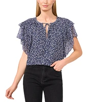 CeCe Woven Floral Print Split Round Tie Neck Ruffle Sleeve Blouse