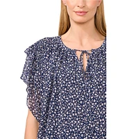 CeCe Woven Floral Print Split Round Tie Neck Ruffle Sleeve Blouse