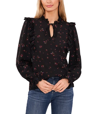 CeCe Woven Floral Print V-Neck Long Puff Ruffle Sleeve Blouse