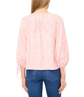 CeCe Woven Floral Round Neck Long Puff Sleeve Button Front Blouse