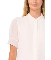 CeCe Woven Georgette Scallop Trim Point Collar Short Puff Sleeve Button Front Blouse