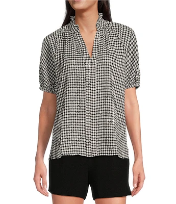 CeCe Woven Gingham Print Split V-Neck Short Sleeve Top