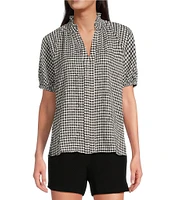 CeCe Woven Gingham Print Split V-Neck Short Sleeve Top