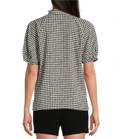 CeCe Woven Gingham Print Split V-Neck Short Sleeve Top