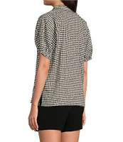 CeCe Woven Gingham Print Split V-Neck Short Sleeve Top