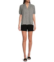 CeCe Woven Gingham Print Split V-Neck Short Sleeve Top