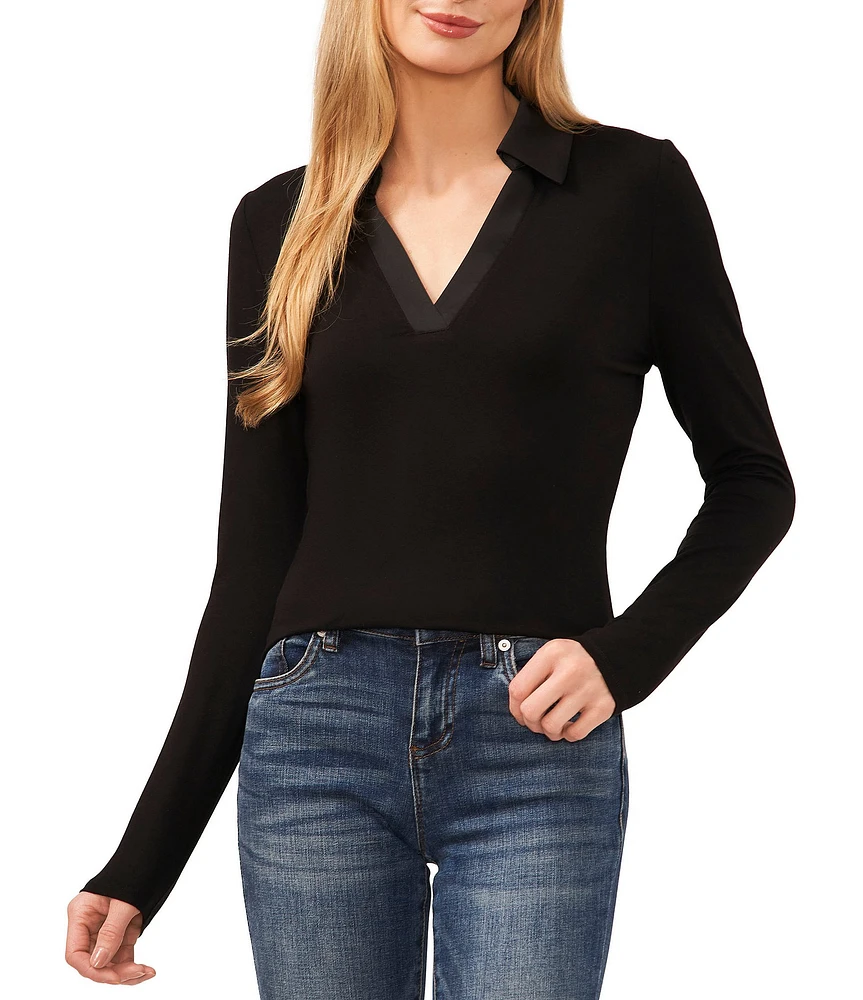 CeCe Woven Knit Polo Collar V-Neck Long Sleeve Fitted Top