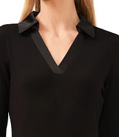 CeCe Woven Knit Polo Collar V-Neck Long Sleeve Fitted Top