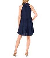 CeCe Woven Linen Blend Split Round Ruffle Neck Sleeveless Button Tie Front Tiered Dress