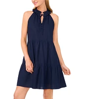 CeCe Woven Linen Blend Split Round Ruffle Neck Sleeveless Button Tie Front Tiered Dress