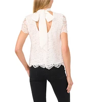 CeCe Woven Mock Neck Short Sleeve Back Bow Detail Blouse