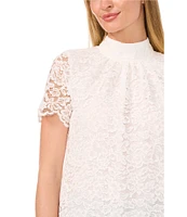 CeCe Woven Mock Neck Short Sleeve Back Bow Detail Blouse