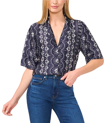 CeCe Woven Notch Collar Short Sleeve Button Front Camp Coordinating Shirt