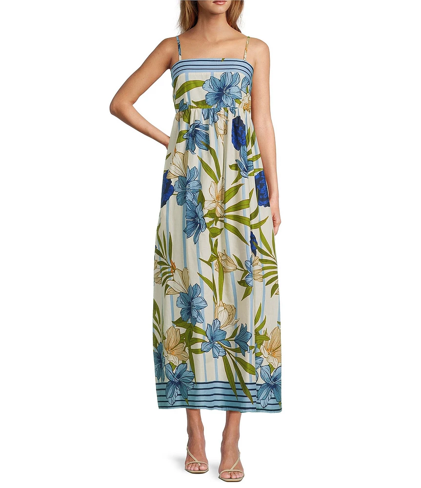 CeCe Woven Floral Print Square Neck Sleeveless Midi Dress