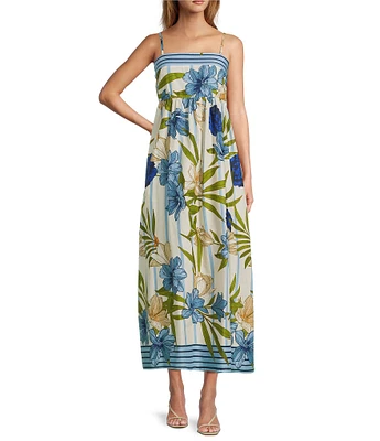 CeCe Woven Floral Print Square Neck Sleeveless Midi Dress