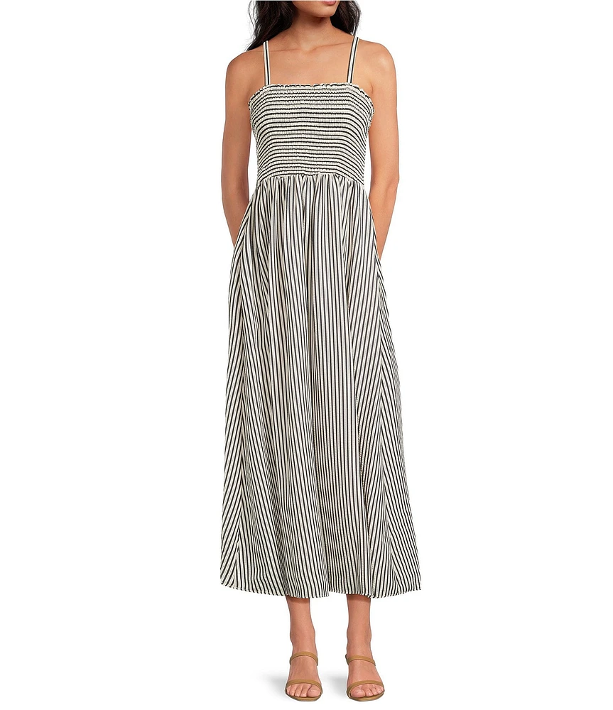 CeCe Woven Stripe Print Square Neck Sleeveless Smocked Midi A-Line Dress