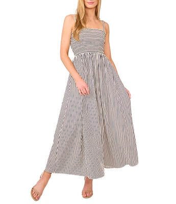 CeCe Woven Stripe Print Square Neck Sleeveless Smocked Midi A-Line Dress
