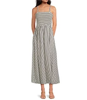CeCe Woven Stripe Print Square Neck Sleeveless Smocked Midi A-Line Dress