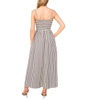 CeCe Woven Stripe Print Square Neck Sleeveless Smocked Midi A-Line Dress
