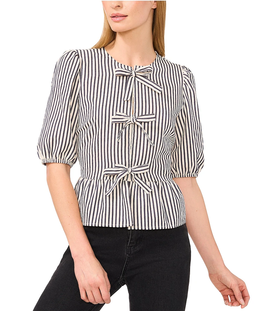 CeCe Woven Striped Crew Neck Short Puff Sleeve Tie Peplum Top